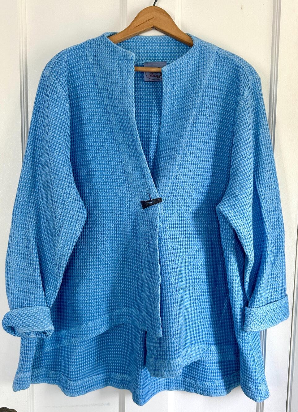 Vintage Light Blue Waffle Knit Asymmetric Jacket Cotton Cardigan, Size M/L